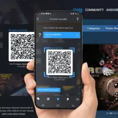 Dłoń trzyma smartfon z aplikacją Steam Guard skanującą kod QR na ekranie logowania Steam.