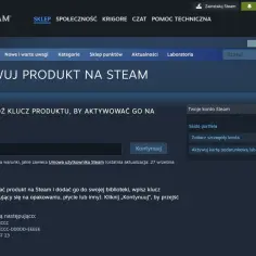 Strona aktywacji produktu na Steam z polem do wpisania klucza gry i przyciskiem "Kontynuuj".
