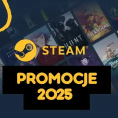 Grafika przedstawia logo Steam i kolaż okładek gier, z napisem "Promocje 2025".