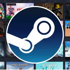 Logo Steam na tle okładek gier, m.in. Dragon's Dogma, Alone in the Dark, South Park Snow Day.