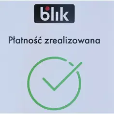 Ekran telefonu z logo BLIK i komunikatem "Płatność zrealizowana" oraz zielonym potwierdzeniem.
