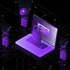 Fioletowy laptop z otwartym ekranem, na którym widać pola hasła i kłódkę. Tło czarne z elementami sieci.