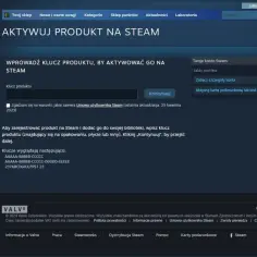 Formularz aktywacji produktu na Steam z polem na klucz produktu i przyciskiem "Kontynuuj".
