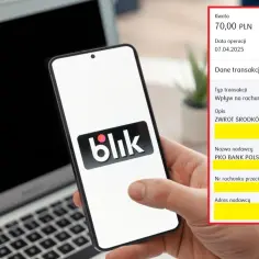Dłoń trzyma smartfon z logo Blik na ekranie, obok leży laptop. Po prawej stronie widoczny fragment potwierdzenia transakcji.