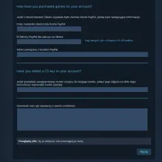 Formularz Steam z polami do wpisania danych zakupu i numeru seryjnego gry.