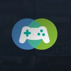 Ikona gamepada na tle nakładających się kół i okładek gier.