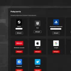 Ikony platform: Steam, Epic, PlayStation, Xbox, Nintendo, Apple, Google, Twitch, Facebook, Twitter.